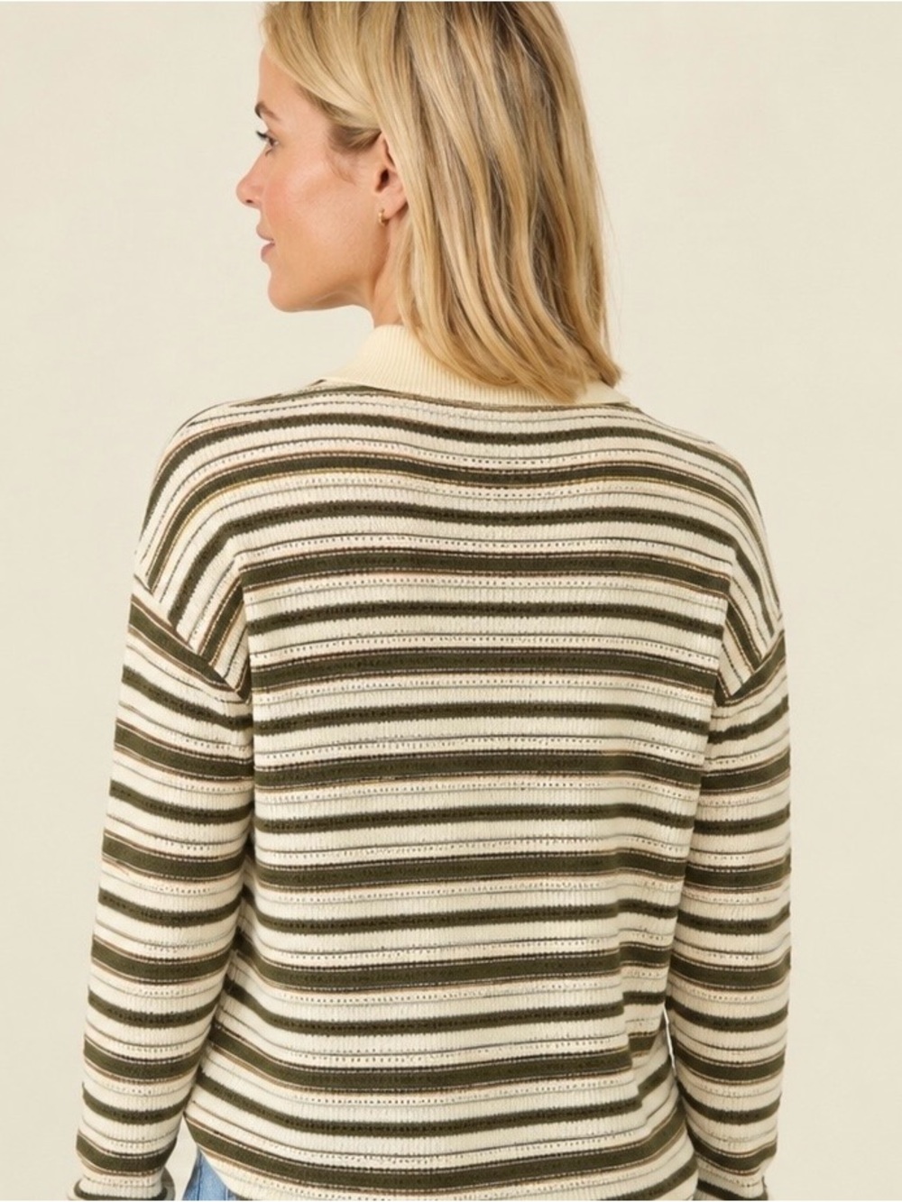 Women’s Design History Striped Knit Polo Top in Cream and Olive - Picture 2 of 7